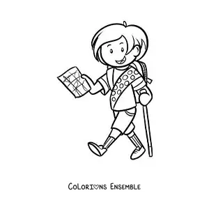 Coloriage d’une fille exploratrice en train de marcher avec une carte pendant une randonnée