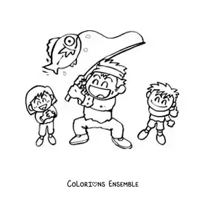 Image à colorier d’un papa et de ses enfants en train d’attraper un poisson
