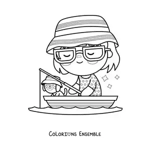 Image à colorier d’une fille qui pêche avec son chien dans une barque