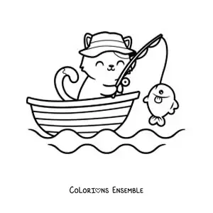 Image à colorier d’un chat animé qui attrape un poisson dans une barque