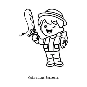 Image à colorier d’un petit pêcheur kawaii animé