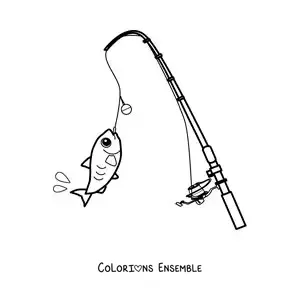 Image à colorier d’une canne à pêche avec un poisson animé