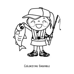 Image à colorier d’une petite pêcheuse avec un poisson