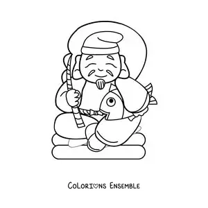 Image à colorier d’un vieux pêcheur japonais