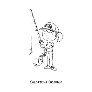 Image à colorier d’une fille animée qui attrape un poisson avec une canne