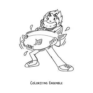 Image à colorier d’un pêcheur en dessin animé qui a attrapé un poisson