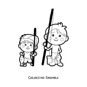 Image à colorier d’un papa pêcheur kawaii qui pêche avec son fils