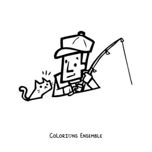 Image à colorier d’un pêcheur en dessin animé avec son chat