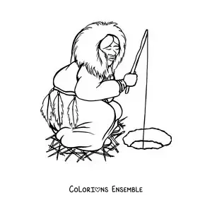 Image à colorier d’une femme inuit en train de pêcher