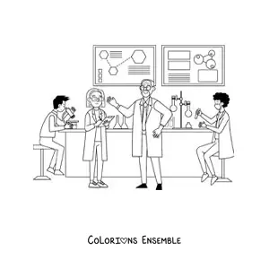 Image à colorier de plusieurs scientifiques dans un laboratoire