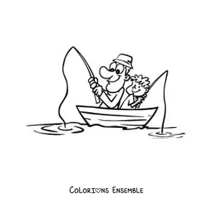 Image à colorier d’un pêcheur en dessin animé avec son fils dans une barque