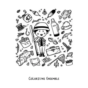 Image à colorier d’un pêcheur animé avec son matériel de pêche