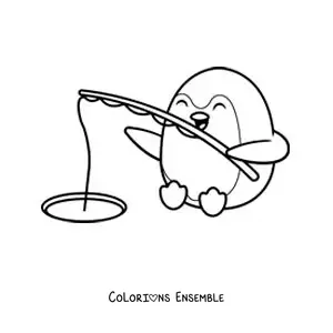 Image à colorier d’un pingouin animé en train de pêcher