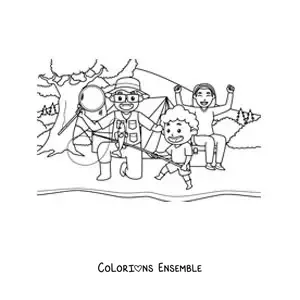 Image à colorier d’une famille animée qui pêche dans une rivière