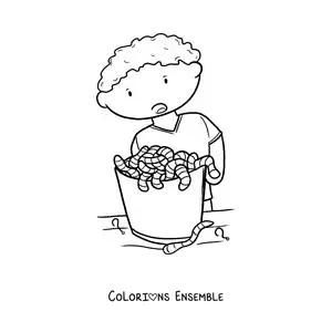 Image à colorier d’un garçon à côté d’un seau d’appâts de pêche