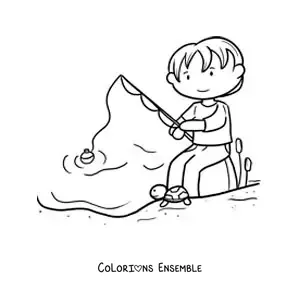 Image à colorier d’un garçon qui pêche à la canne dans un lac