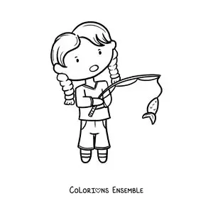 Image à colorier d’une fille qui attrape un poisson avec une canne