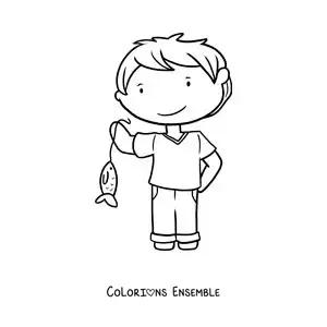 Image à colorier d’un garçon avec un poisson qu’il a attrapé