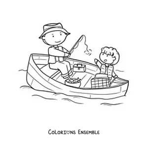 Image à colorier d’un papa et de son fils qui pêchent dans une barque