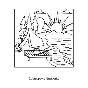 Image à colorier d’une canne à pêche dans un campement