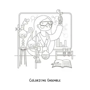 Image à colorier d'une femme scientifique réalisant des expériences