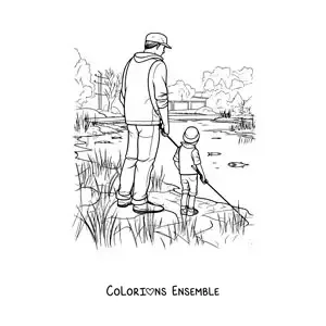 Image à colorier d’un papa et de son fils qui pêchent dans un lac, dans un style réaliste
