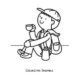 Image à colorier d’un randonneur avec son sac à dos qui boit un café
