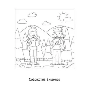 Image à colorier d’un couple de randonneurs en balade dans la montagne