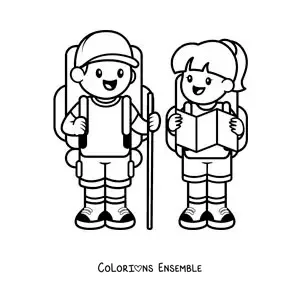 Image à colorier d’un couple de randonneurs kawaii avec des sacs à dos