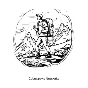 Image à colorier d’un garçon randonneur sur la montagne