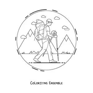 Image à colorier d’un marcheur qui fait de la randonnée avec un sac à dos