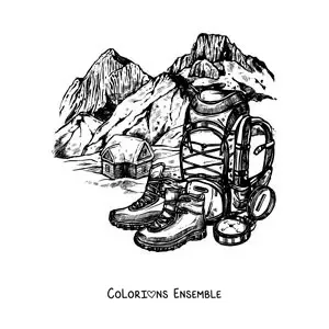 Image à colorier d’un sac à dos et d’une paire de chaussures d’escalade