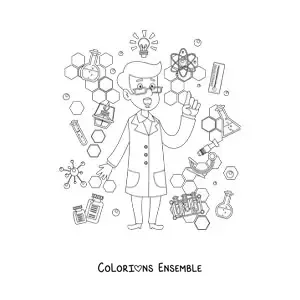 Image à colorier d'un scientifique animé entouré d'instruments scientifiques