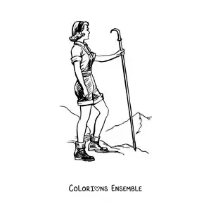 Image à colorier d’une fille randonneuse en balade