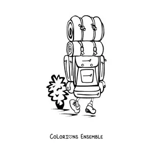 Image à colorier d’un randonneur qui marche avec un sac à dos de camping