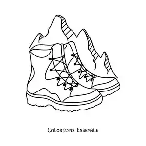 Image à colorier d’une paire de chaussures d’escalade dans les montagnes