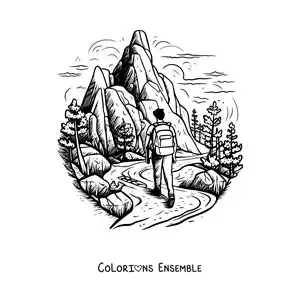 Image à colorier d’un randonneur en balade dans les montagnes