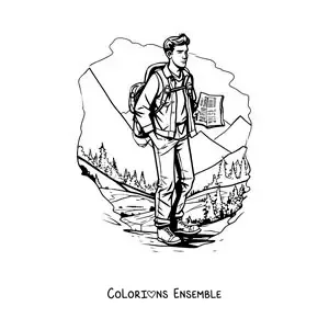 Image à colorier d’un garçon en randonnée au milieu des montagnes, dans un style réaliste