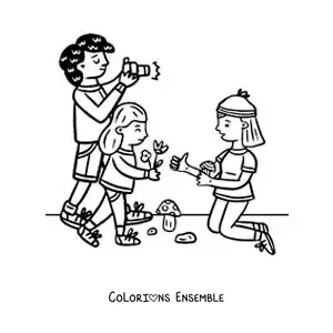 Image à colorier d’une famille en balade qui photographie la nature