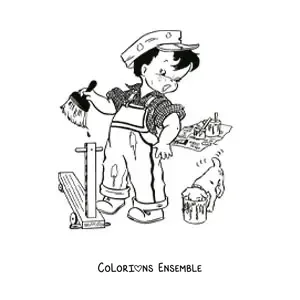 Image à colorier d’un garçon effrayé tenant un pinceau près d’un chiot qui mange de la peinture