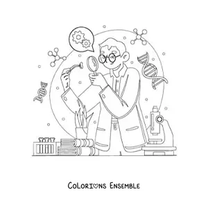 Image à colorier d'un scientifique réalisant des expériences