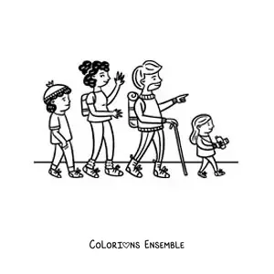 Image à colorier d’une famille en randonnée à pied