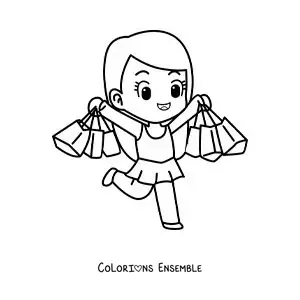 Image à colorier d’une fille kawaii en robe avec ses sacs de courses