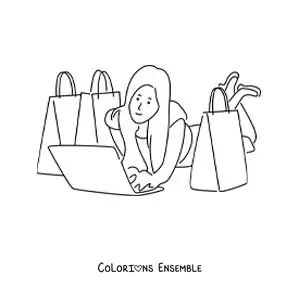 Image à colorier d’une fille qui achète beaucoup de vêtements en ligne sur son ordinateur portable