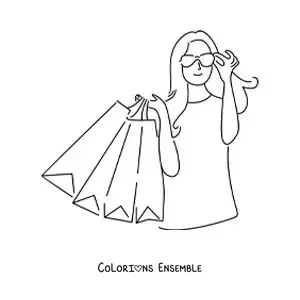 Image à colorier d’une fille qui fait du shopping avec ses lunettes de soleil