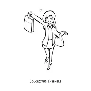 Image à colorier d’une fille style anime qui fait du shopping avec ses sacs