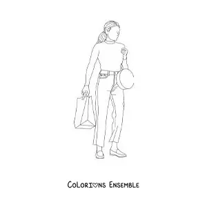 Image à colorier de la silhouette d’une femme avec des sacs de vêtements