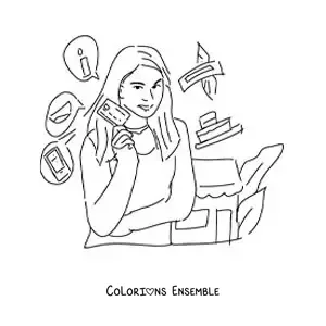 Image à colorier d’une femme avec sa carte de crédit, prête à faire du shopping