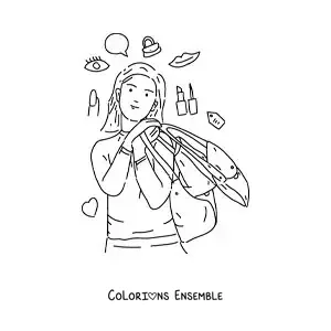 Image à colorier d’une fille avec des sacs qui pense à acheter du maquillage