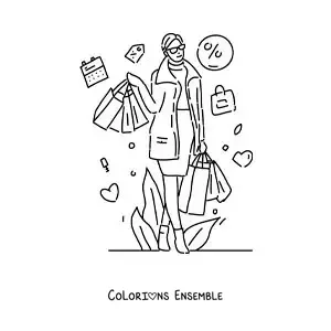 Image à colorier d’une femme qui fait du shopping pendant les soldes